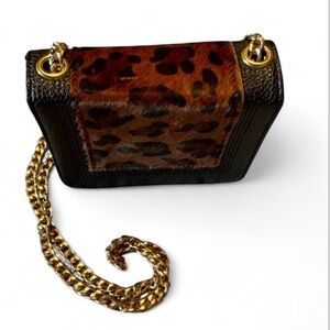 Leopard Print Mini Crossbody Bag Gold Chain Black Faux Leather Magnetic Closure